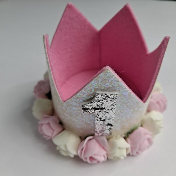 First Birthday Girl Crown Hats Party Celebration White pink Glitter - Picture 3 of 8